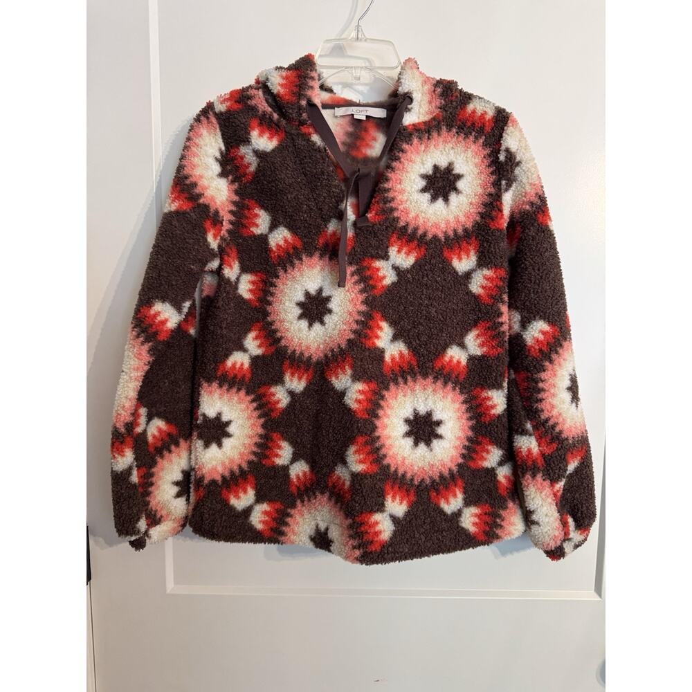 LOFT Sunburst Sherpa Pullover Hoodie in Chocolate Noir Cozy Casual Women's Sz XS
